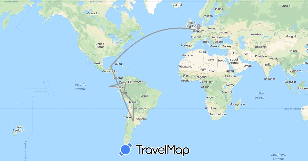TravelMap itinerary: driving, plane in Argentina, Belgium, Bolivia, Colombia, Ecuador, Mexico, Peru (Europe, North America, South America)